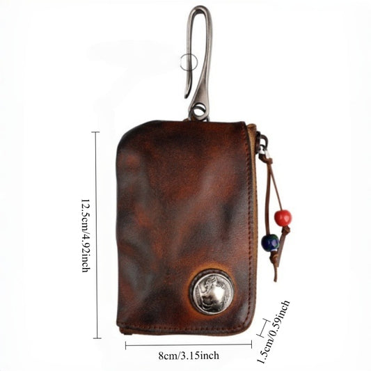 Men's genuine leather key case, vintage distressed vegetable-tanned cowhide coin purse