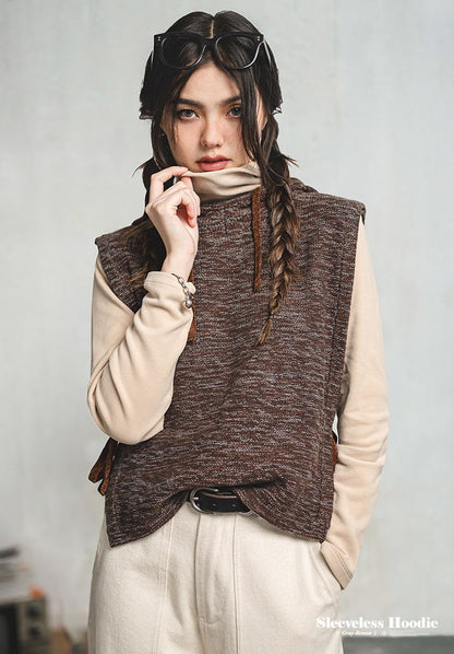 Retro Knitted Vest Patchwork Sweater Sleeveless Hoodie