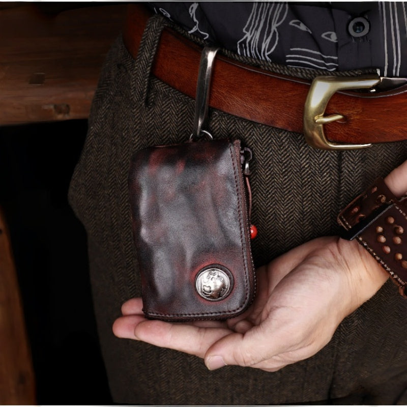 Men's genuine leather key case, vintage distressed vegetable-tanned cowhide coin purse