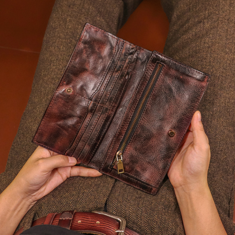 Men's Vintage Genuine Leather Wallet - Handmade Large Capacity Cowhide Money Clip