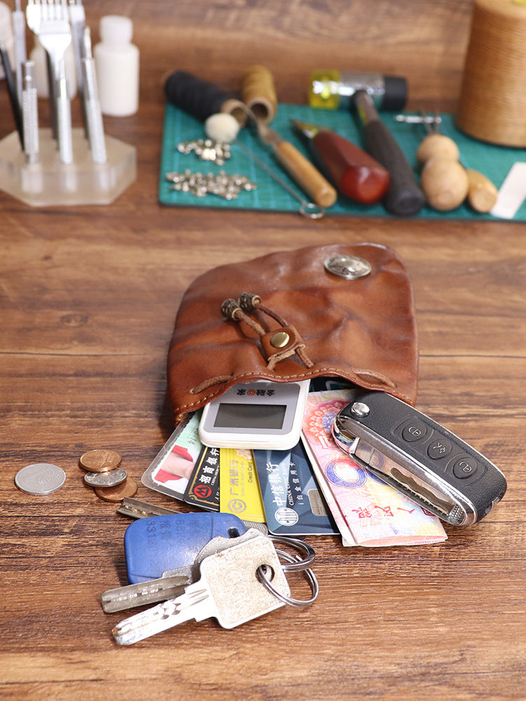 Simple Retro Genuine Leather Coin Purse, Key Pouch, Card Holder, and Storage Bag