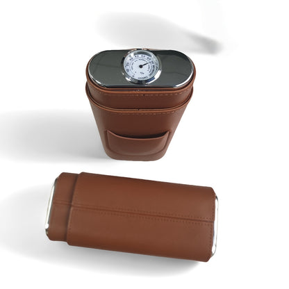 3-Cigar Genuine Leather Cigar Box with Top Hygrometer Display, Portable with Hygrometer Dial and Cedar Wood Lining