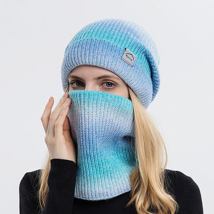 Gradient Color Thickened Knit Cap Two-piece Set