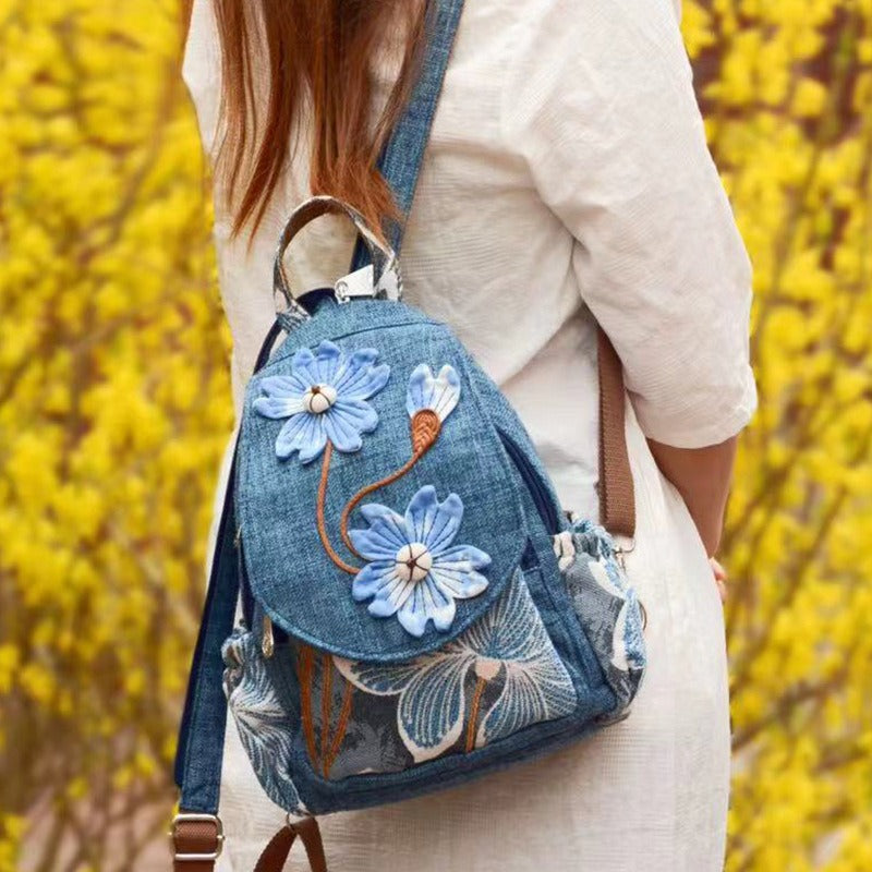 Retro Handmade Flower Canvas Bag Multi-functional Backpack