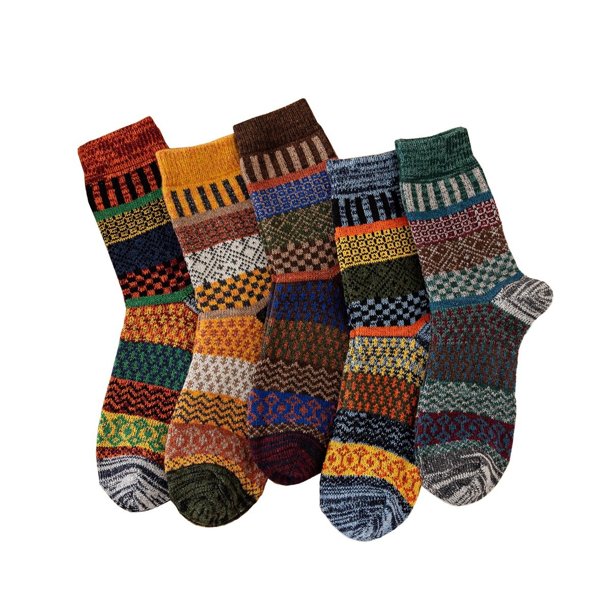 Winter colorful mid-calf socks thickened pure cotton stockings retro men's ethnic style boot socks（5 Pairs 5 color)