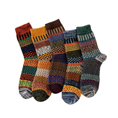 Winter colorful mid-calf socks thickened pure cotton stockings retro men's ethnic style boot socks（5 Pairs 5 color)