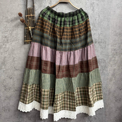 Retro Cotton Linen Patchwork Loose Skirt