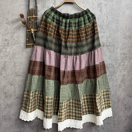 Retro Cotton Linen Patchwork Loose Skirt