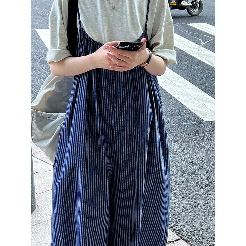 Vintage Blue Striped Loose Causal Overalls