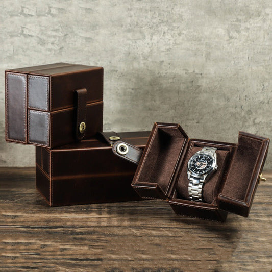 Double door watch box leather anti-fall square portable watch box