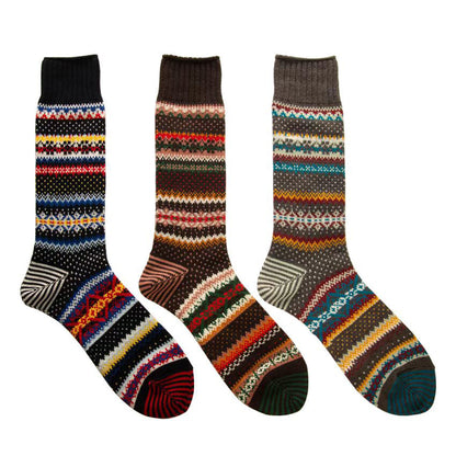 3 Pairs Winter colorful mid-calf socks thickened ethnic style boot socks