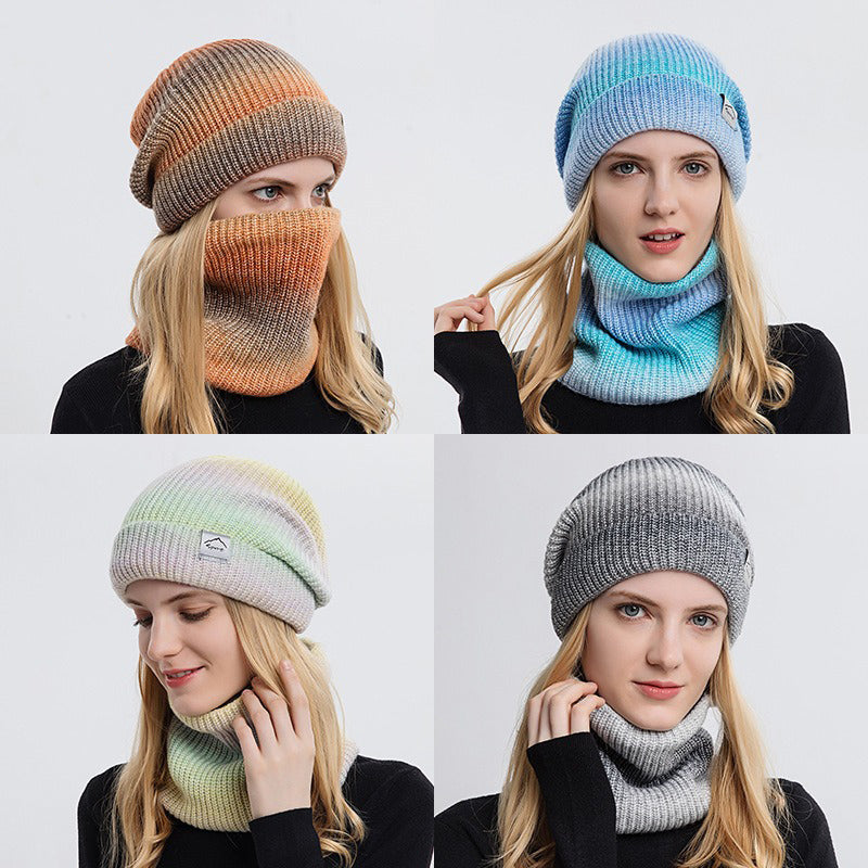 Gradient Color Thickened Knit Cap Two-piece Set