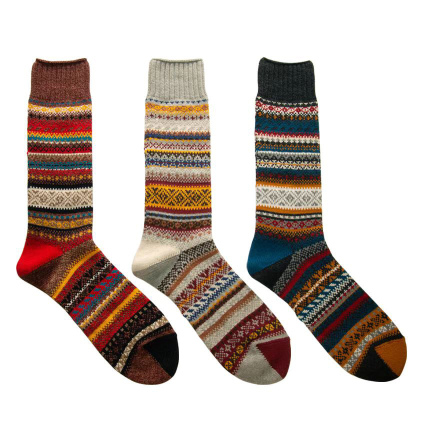3 Pairs Winter colorful mid-calf socks thickened ethnic style boot socks