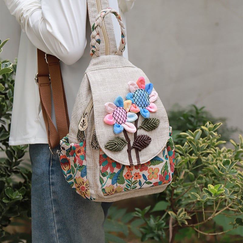 Retro Handmade Flower Canvas Bag Multi-functional Backpack