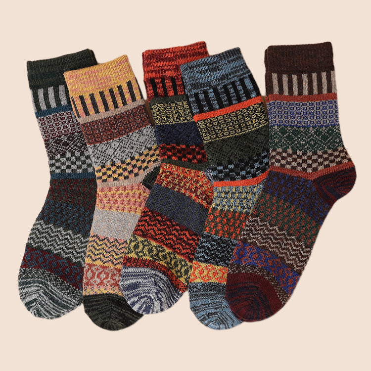 Winter colorful mid-calf socks thickened pure cotton stockings retro men's ethnic style boot socks（5 Pairs 5 color)