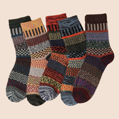 Winter colorful mid-calf socks thickened pure cotton stockings retro men's ethnic style boot socks（5 Pairs 5 color)