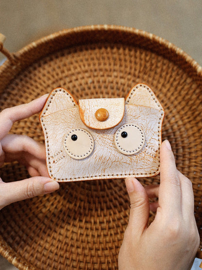 Vintage Handmade Leather Kitten Card Holder Storage Bag
