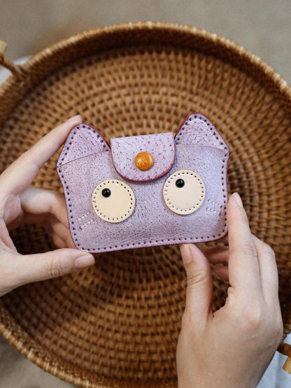 Vintage Handmade Leather Kitten Card Holder Storage Bag