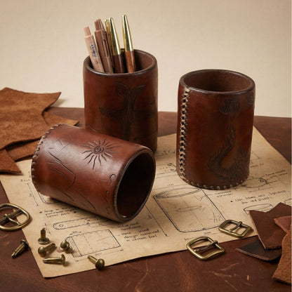 Retro Hand-stitched Vegetable-tanned Leather Pen Holder
