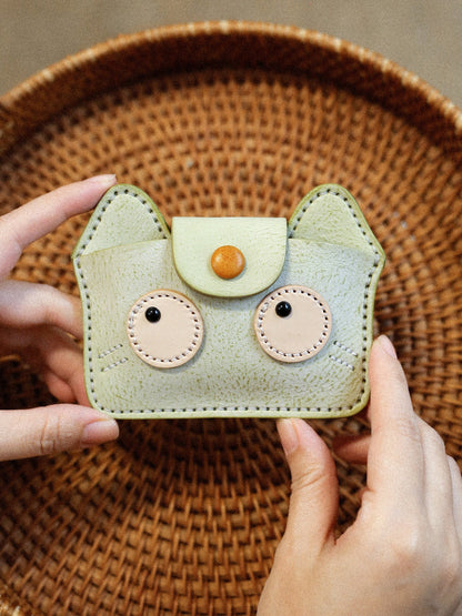 Vintage Handmade Leather Kitten Card Holder Storage Bag