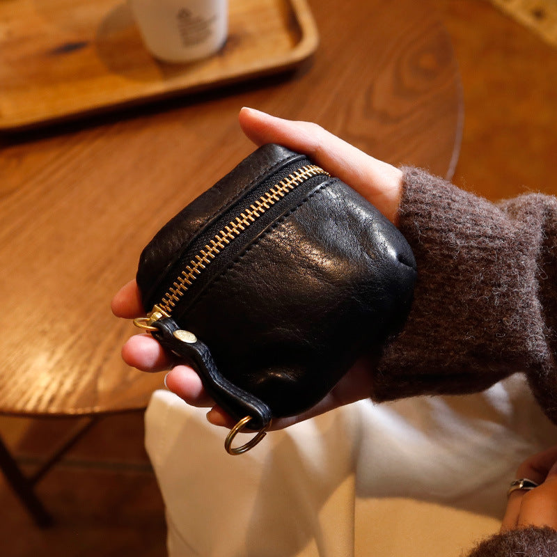 Retro Handmade Leather Coin Wallet Earphone Bag
