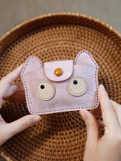 Vintage Handmade Leather Kitten Card Holder Storage Bag