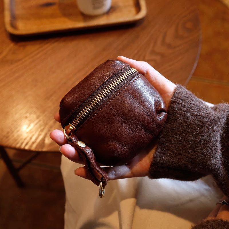 Retro Handmade Leather Coin Wallet Earphone Bag