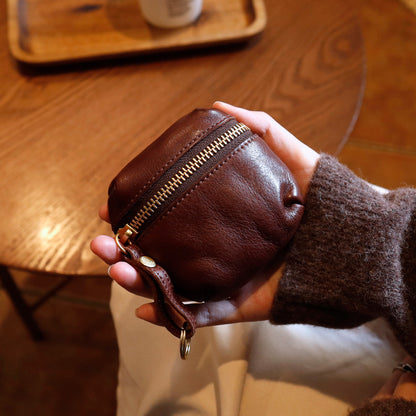 Retro Handmade Leather Coin Wallet Earphone Bag